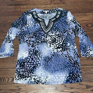 JM Collection Blue & Black Animal Print Blouse V-neck Embellishment Sz L